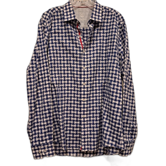 Bugatchi Uomo Shaped Fit Long Sleeve Blue White Checkered Button Down shirt sz L - Picture 1 of 11